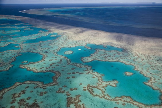 Aerial view of the Great Barrier reef off the Whitsunday Islands.