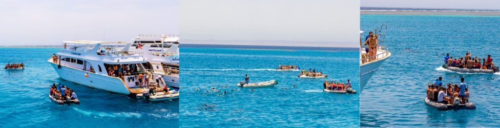 Bateaux et groupes de touristes autour du site des dauphins de Sataya